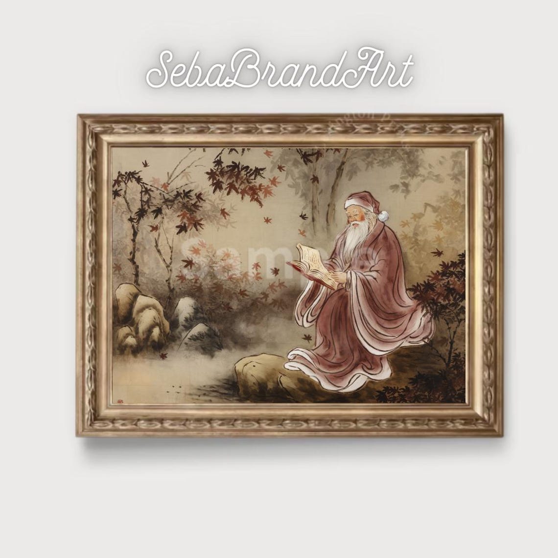 Santa Claus Reading Book Chinese Ink Painting Maple Forest Art Poster - Image 2