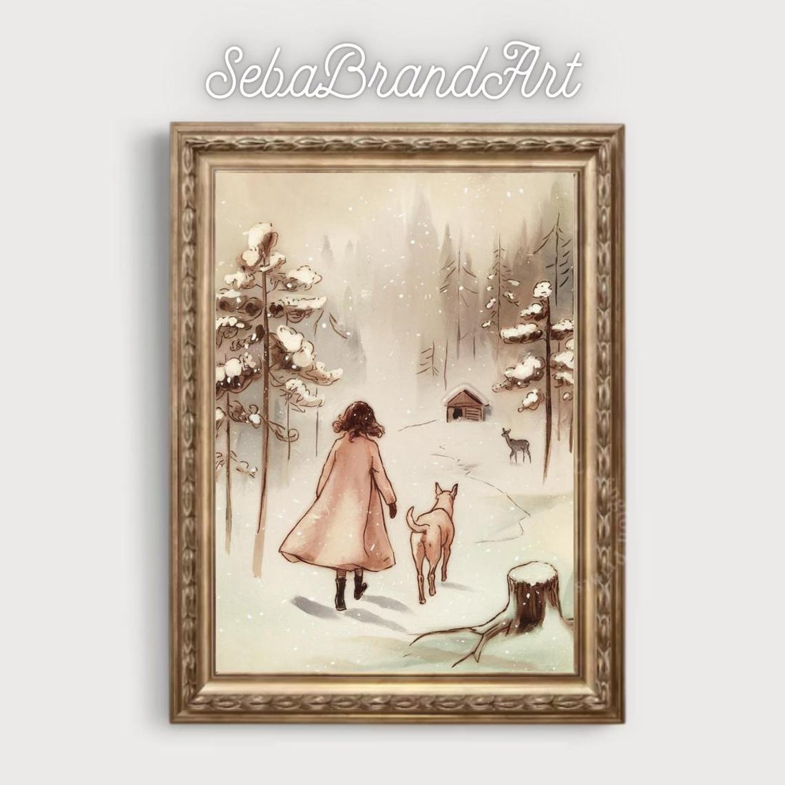 Wabi Sabi Art In Takehisa Yumeji Style Granola Girl Aesthetic Winter Walk Girl And Dog In Snowy Forest Traditional Japanese Ink Art - Image 2