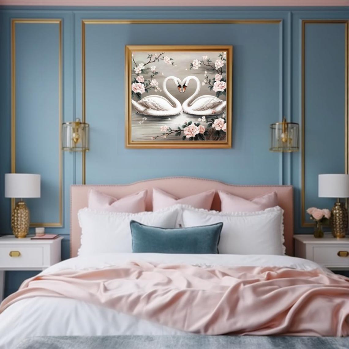 Two Swans Forming Heart Among Pink Peonies Elegant Floral Art Poster - Image 3