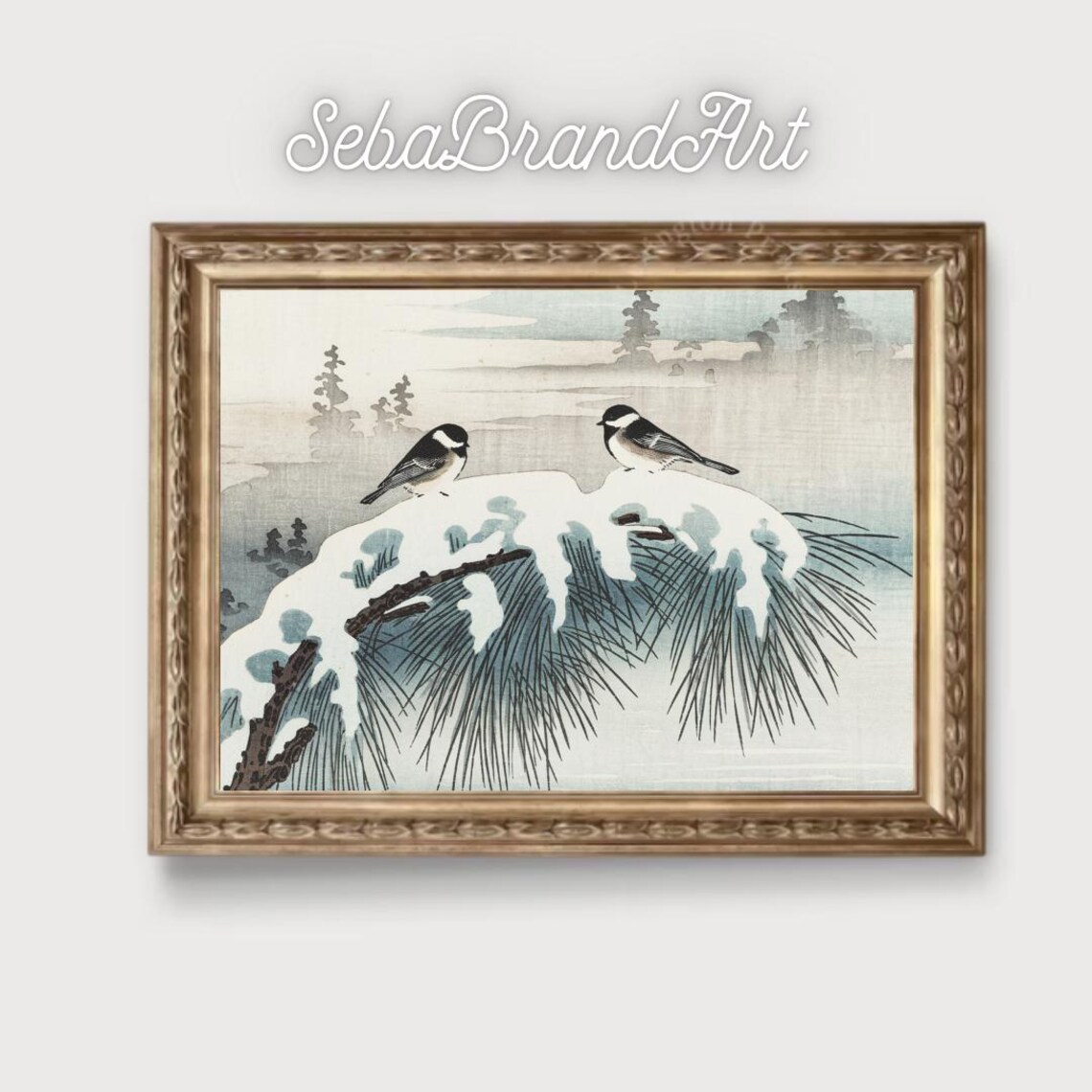 Utagawa Hiroshige Style Winter Chickadees On Snowy Pines Japanese Ukiyo E Wall Art Instant - Image 2