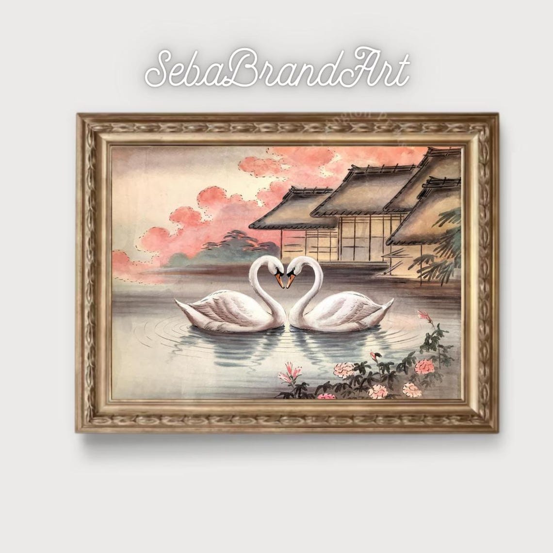 Two Swans Before Japanese Rooftops At Sunset Nihonga Style Poster - Image 2