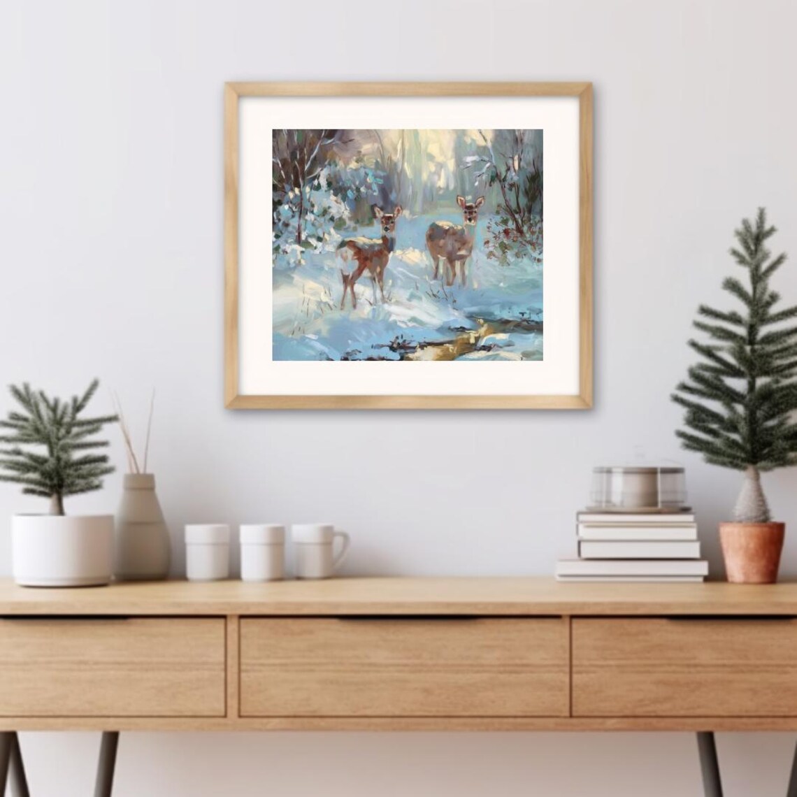 Two Deer In Sunlit Snowy Woodland Impressionist Winter Wildlife Art Print - Image 3