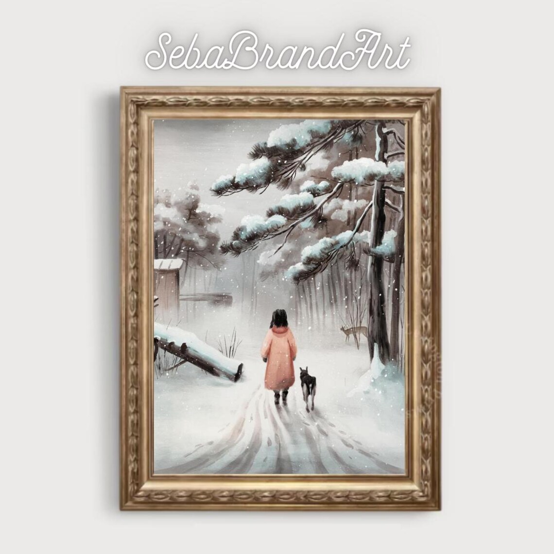 Girl In Pink Coat Walking Her Dog Through A Snowy Winter Forest Poster - Image 2