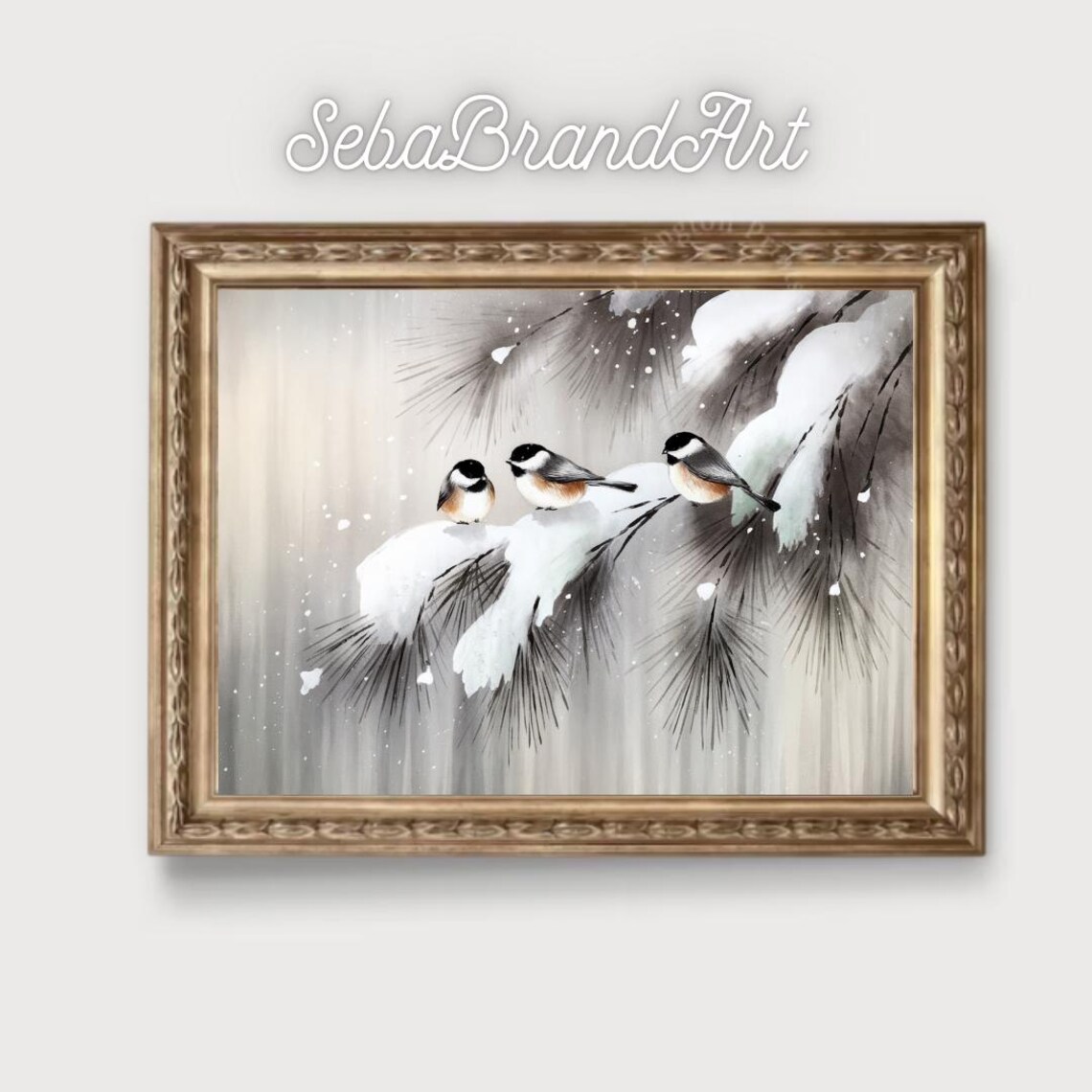 Yokoyama Taikan Style Winter Chickadees On Snowy Pines Japanese Nihonga Wall Art Instant - Image 2