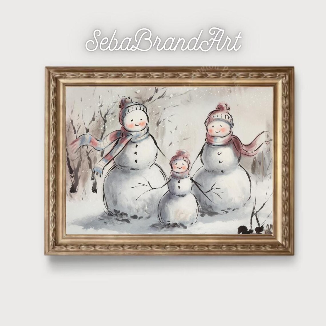 Three Snowman Family In Soft Winter Ink Wash Holiday Art Poster - Image 2