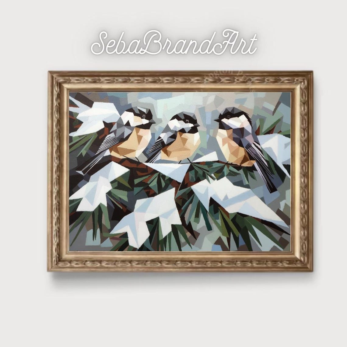 Three Chickadees On Snowy Pines Cubist Winter Birds Abstract Poster - Image 2