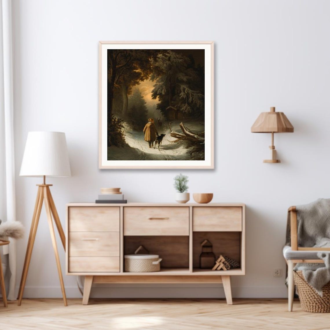 Child And Dog Walking A Snowy Forest Path At Dusk Baroque Poster - Image 3