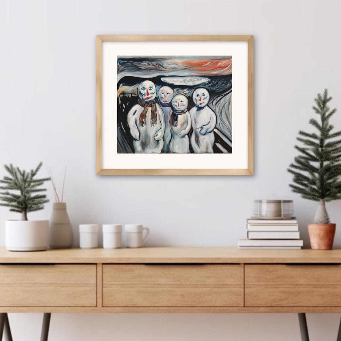 Melancholic Snowman Family Under Swirling Sky Expressionist Art Poster - Image 3