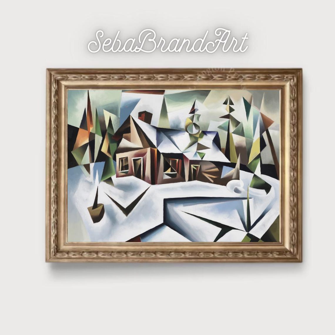 Picasso Style Cubist Winter Cabin In Snowy Landscape Abstract Home Wall Art Instant - Image 2