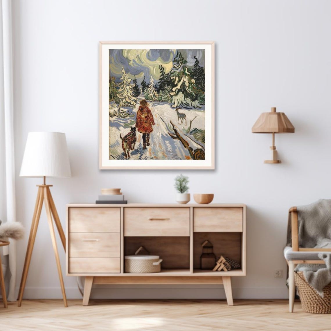 Van Gogh Inspired Child And Dog On A Snowy Forest Trail Winter Poster - Image 3