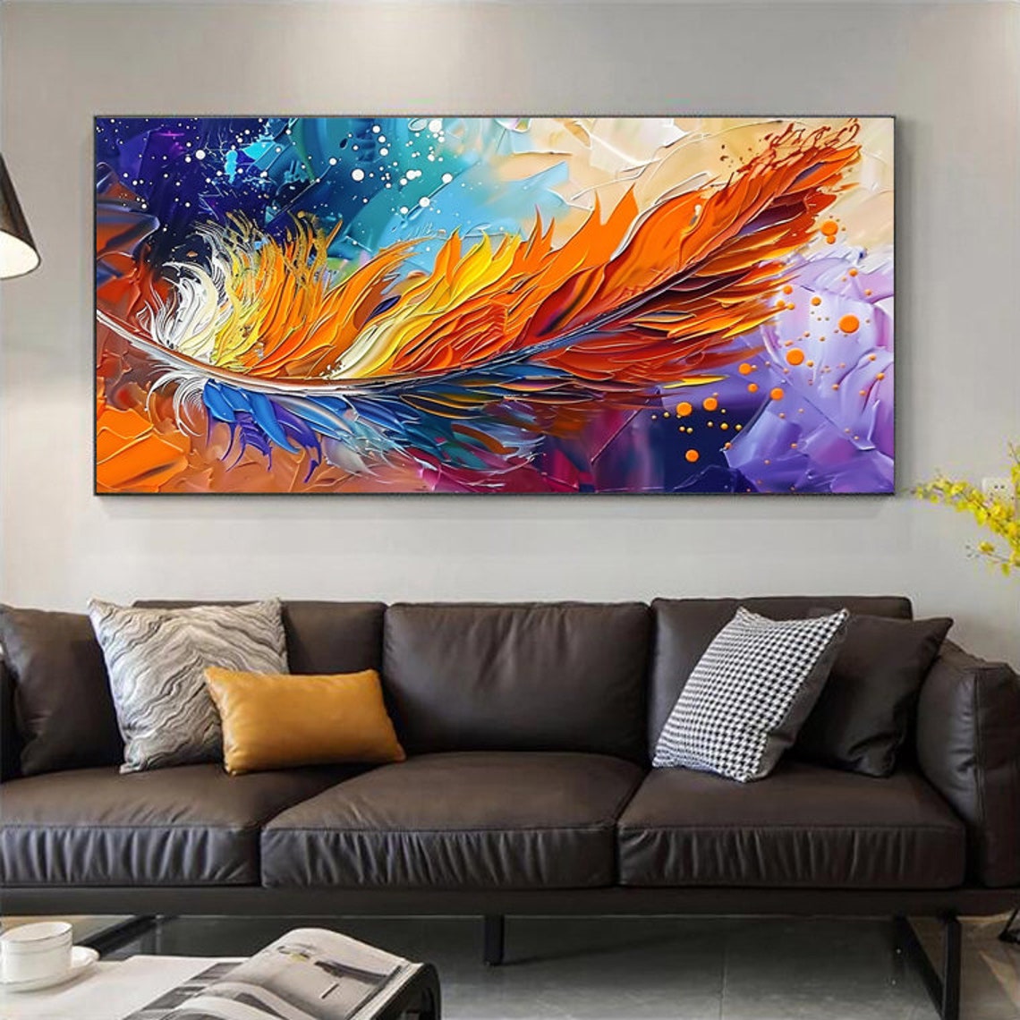 Blazing Orange Feather Sweeping Over a Violet Dreamscape Wall Art - Image 6
