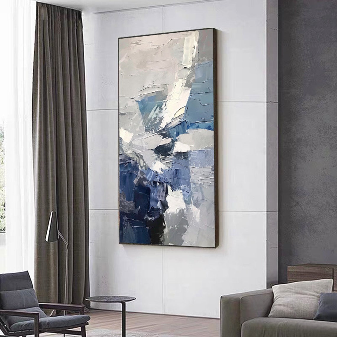 Blue Grey Abstract Vertical Palette Knife Modern Art Painting Poster - Image 2