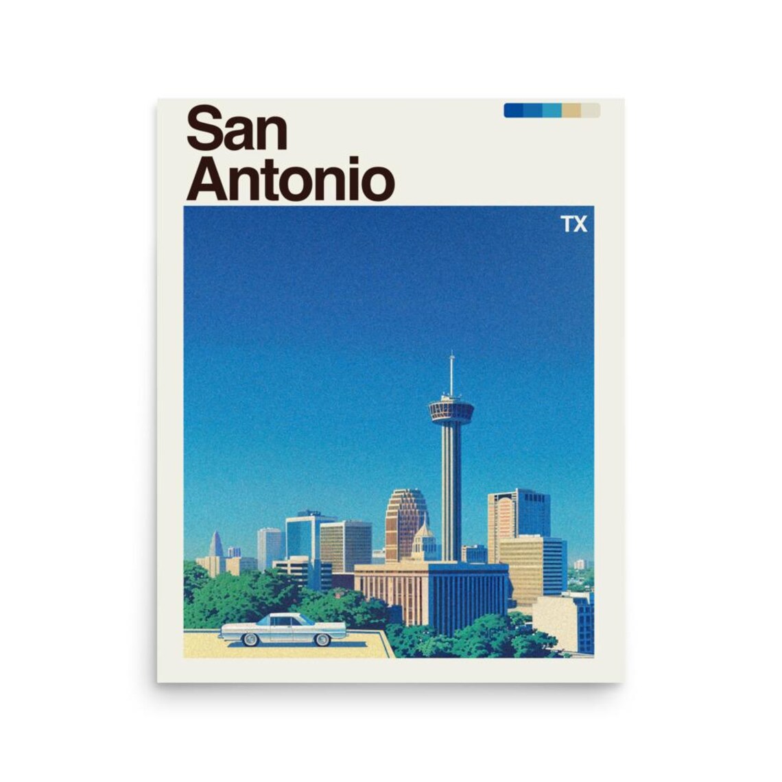 San Antonio Texas Skyline Tower of the Americas Vintage Car Poster