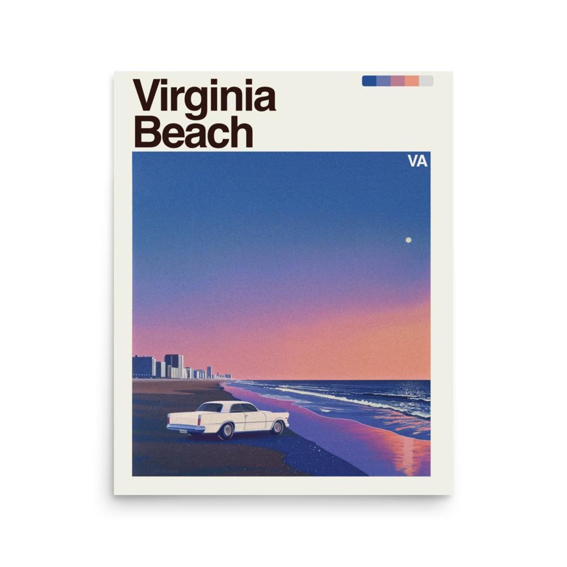 Virginia Beach VA Retro Sunset Beach Classic Car Travel Poster