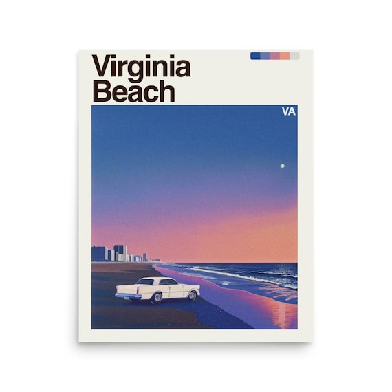 Virginia Beach VA Retro Sunset Beach Classic Car Travel Poster