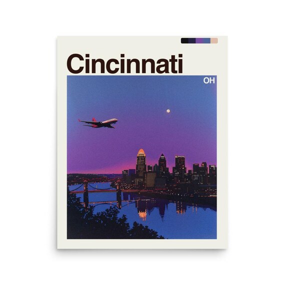 Cincinnati Ohio River Skyline Sunset Moon Bridge Night City Poster
