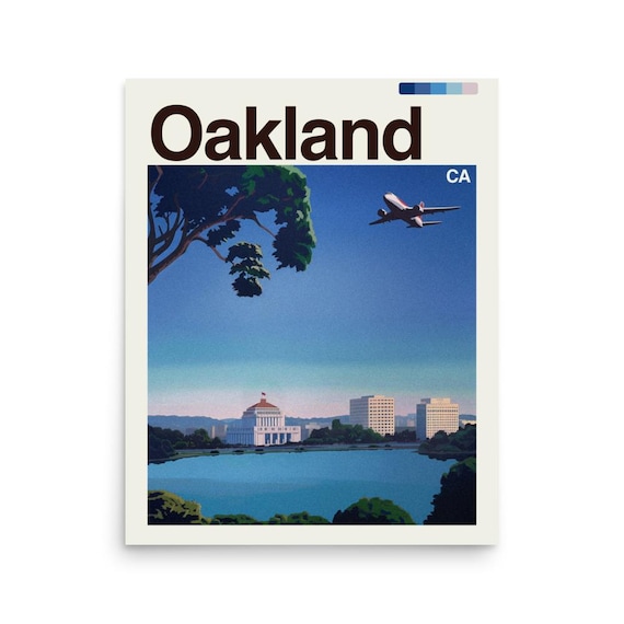 Oakland California Sunny Daytime Lakefront Skyline Travel Poster