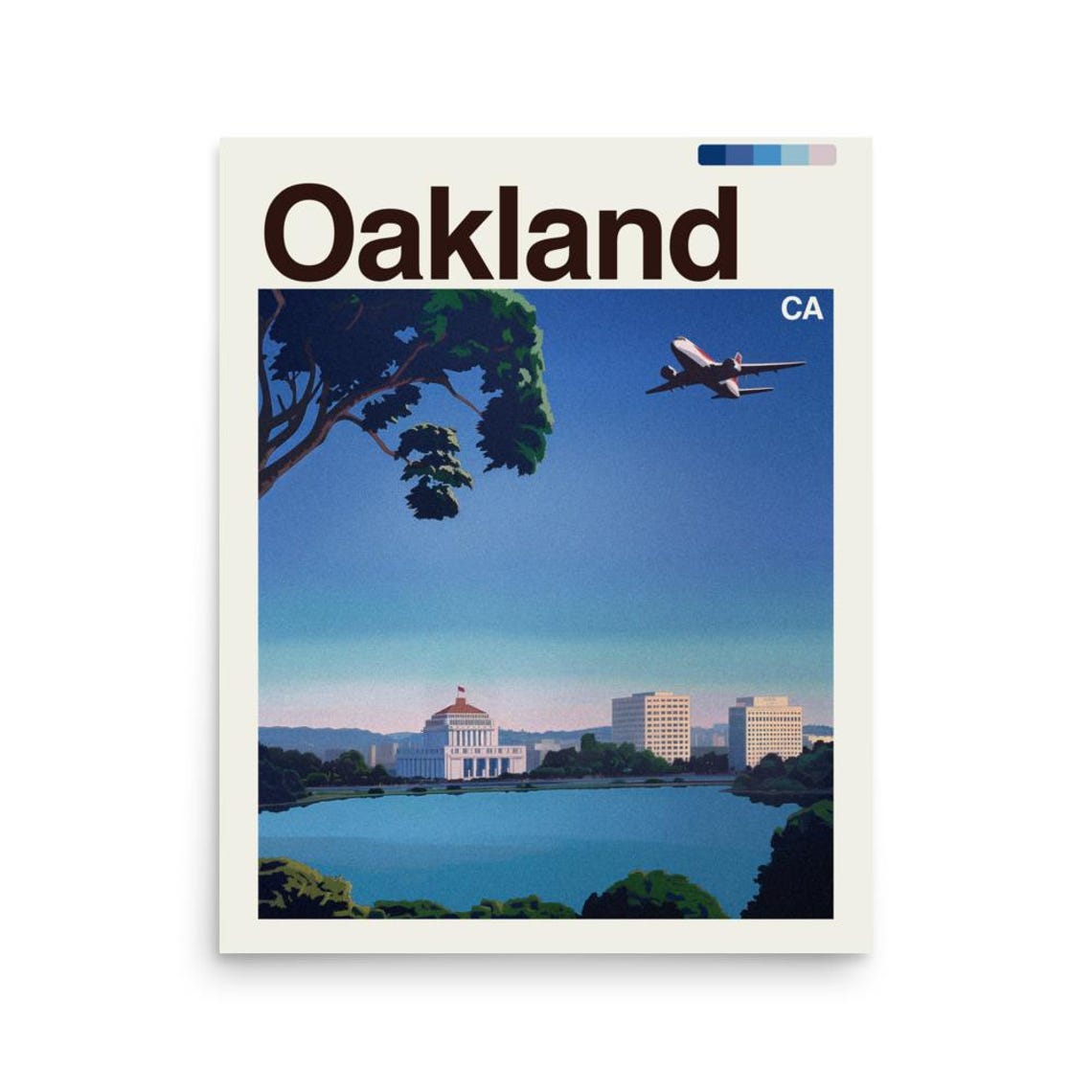 Oakland California Sunny Daytime Lakefront Skyline Travel Poster