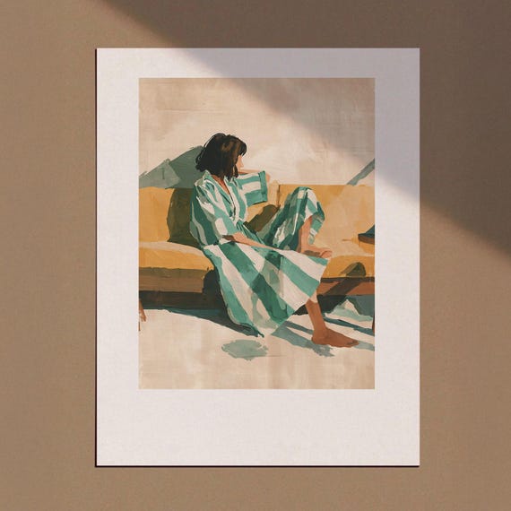 Emerald Green Abstract Woman Wall Art Contemporary Artwork Minimalist Print Living Room Poster Stripe Sleeping
