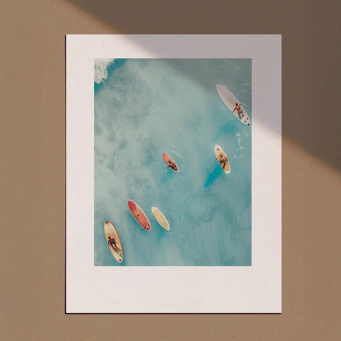 Aerial Surfers Turquoise Ocean Drone View Summer Surf Art Poster