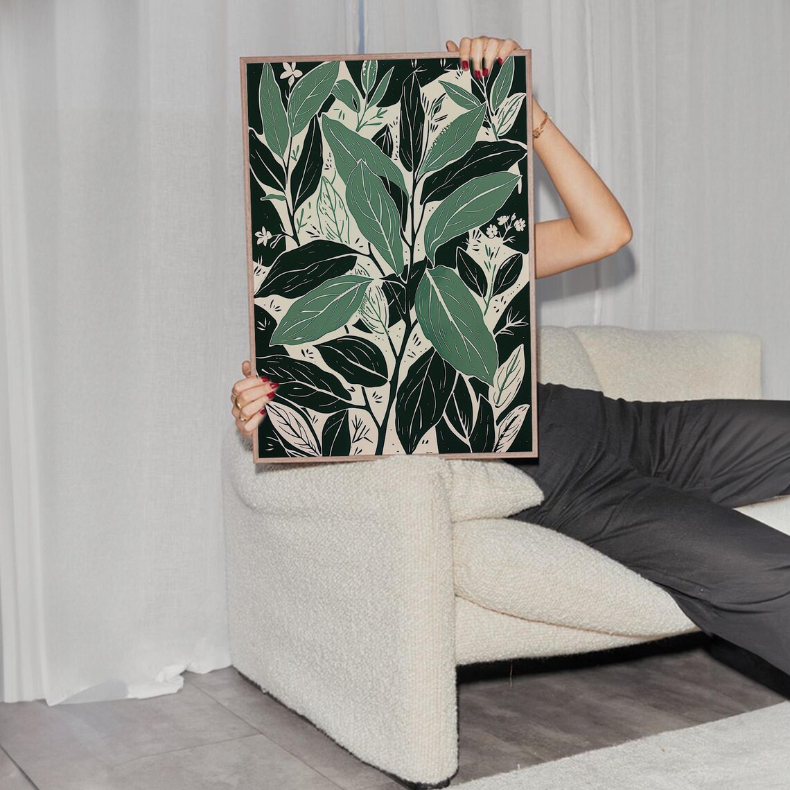 Minimalist Botanical Wall Art Print Green Leaf Tropical Abstract Line Modern Jungle Leaves Nature Poster