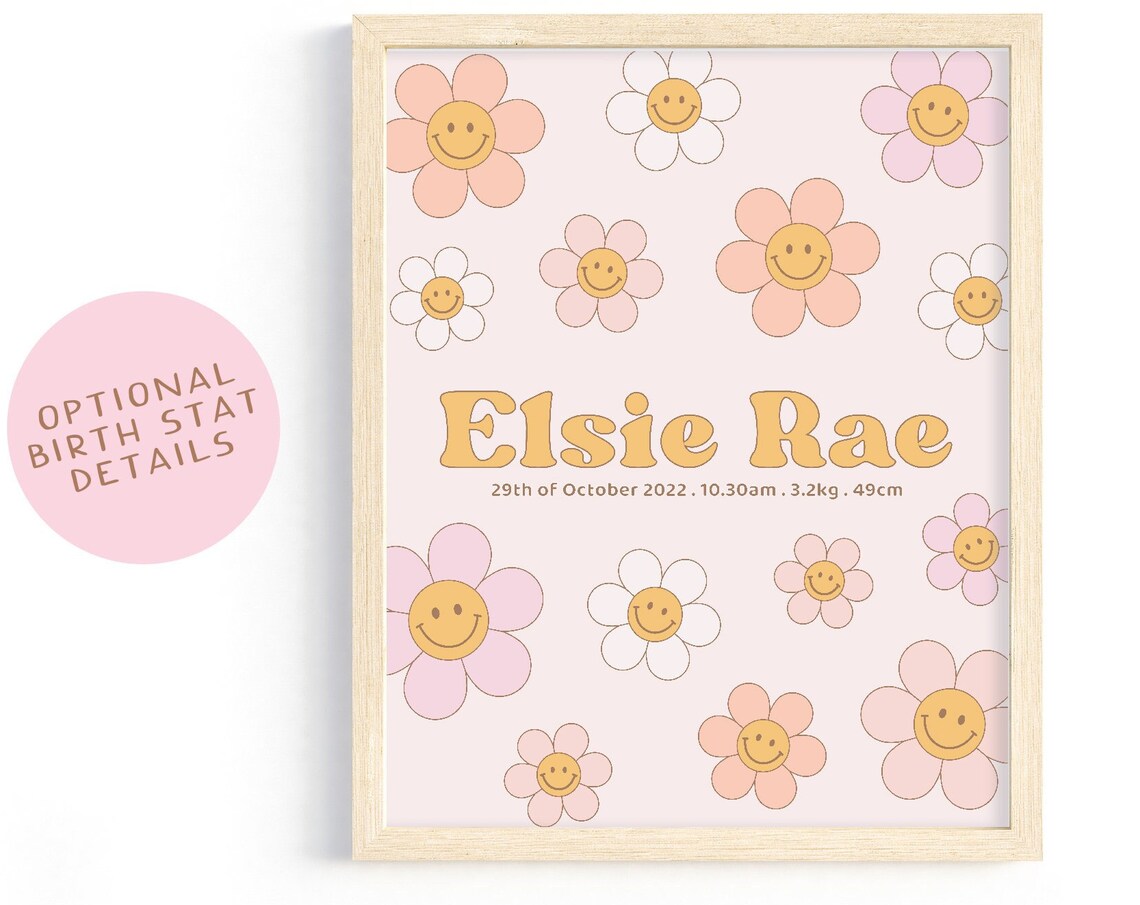 Personalized Baby Name Birth Stats Smiley Daisy Nursery Wall Art Gift