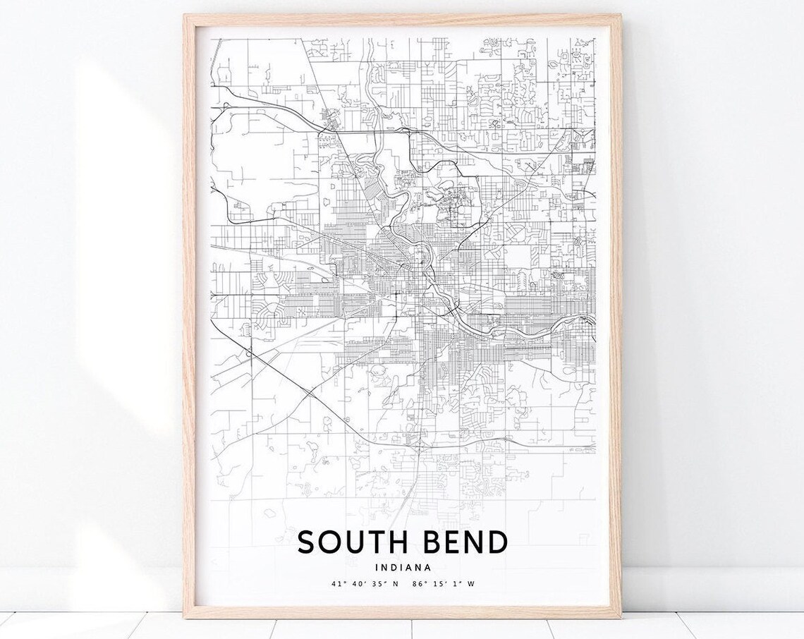South Bend Indiana Minimalist Black White City Street Map Poster