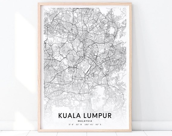 Kuala Lumpur Map Print Malaysia Art Poster City Street Road Black White Modern Wall Home Office Decor