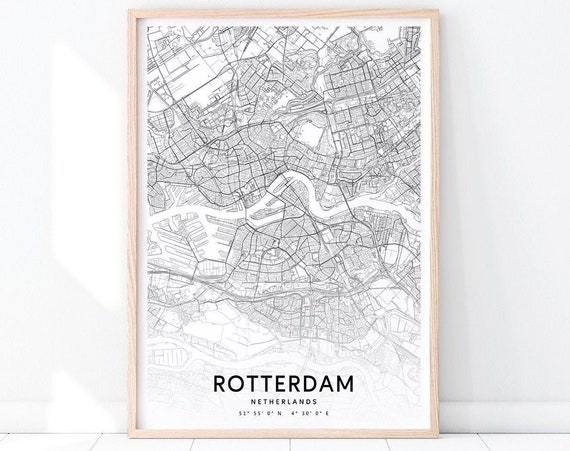 Rotterdam Map Print Netherlands Art Poster City Street Prints Black White Modern Minimalist Office Decor Wall
