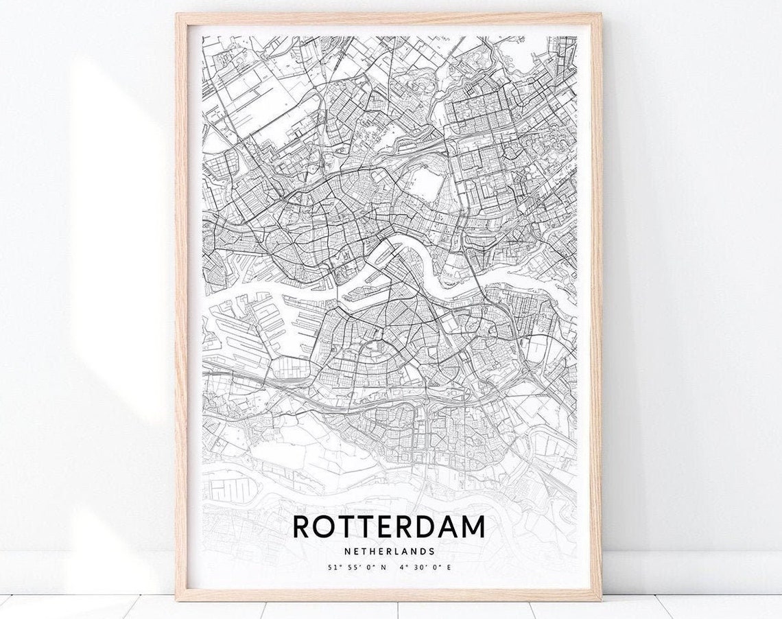 Rotterdam Map Print Netherlands Art Poster City Street Prints Black White Modern Minimalist Office Decor Wall