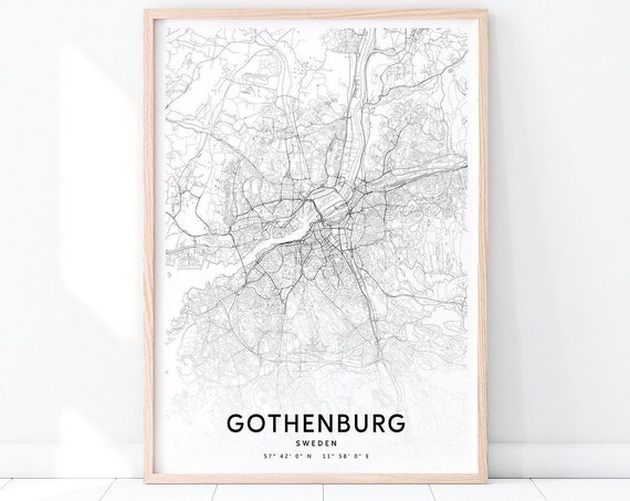 Gothenburg Map Print Sweden Art Poster City Street Road Black White Modern Gift Home Office Decor