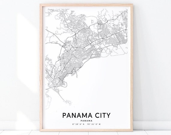 Panama City Map Print Art Poster Street Road Black White Modern Wall Office Decor