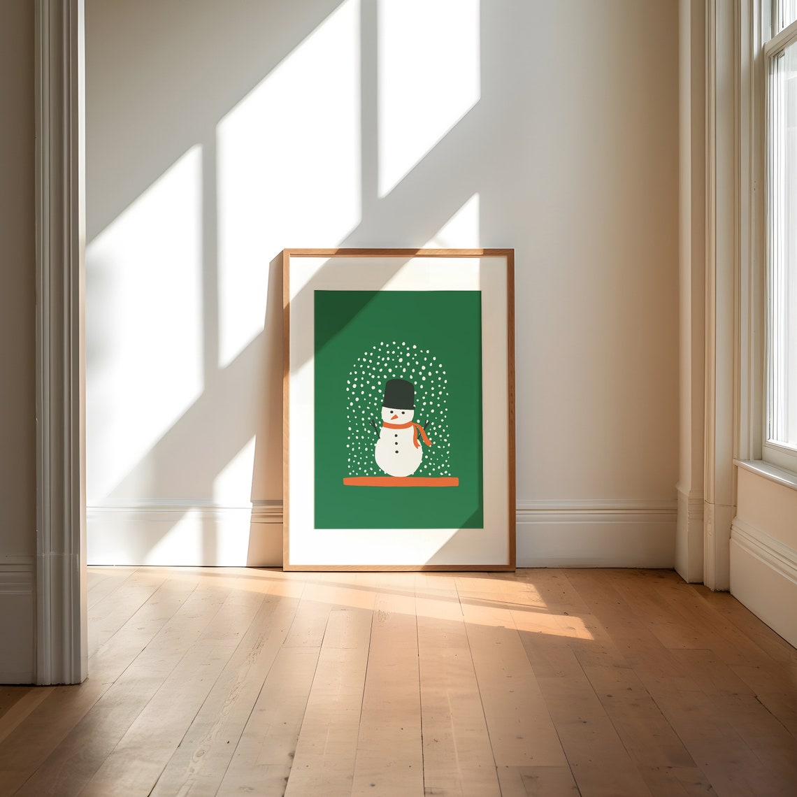 Cute Snowman Falling Snow Christmas Winter Holiday Green Decor Poster - Image 3
