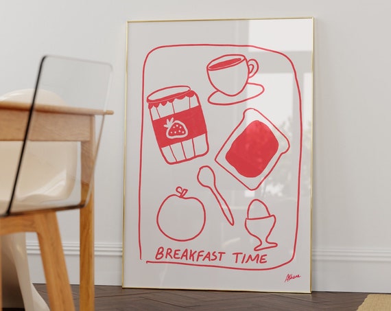 Breakfast Time Modern Kitchen Wall Art Coffee Decor Mid Century Prints Red And White Trendy