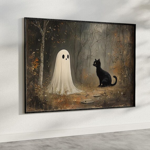 Cute Halloween Frame Tv Art Ghost And Black Cat Vintage Style Neutral Halloween Frame Tv Art Spooky Textured Oil Painting