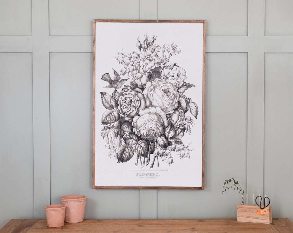 Vintage Black and White Floral Bouquet Roses Engraving Poster