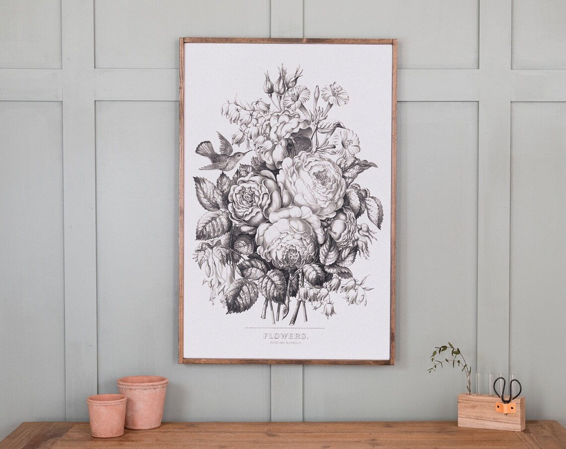 Vintage Black And White Flowers Art Print Vintage Floral Art Living Room Wood Sign Large Vertical Sign Cottage Core Wall Art B20