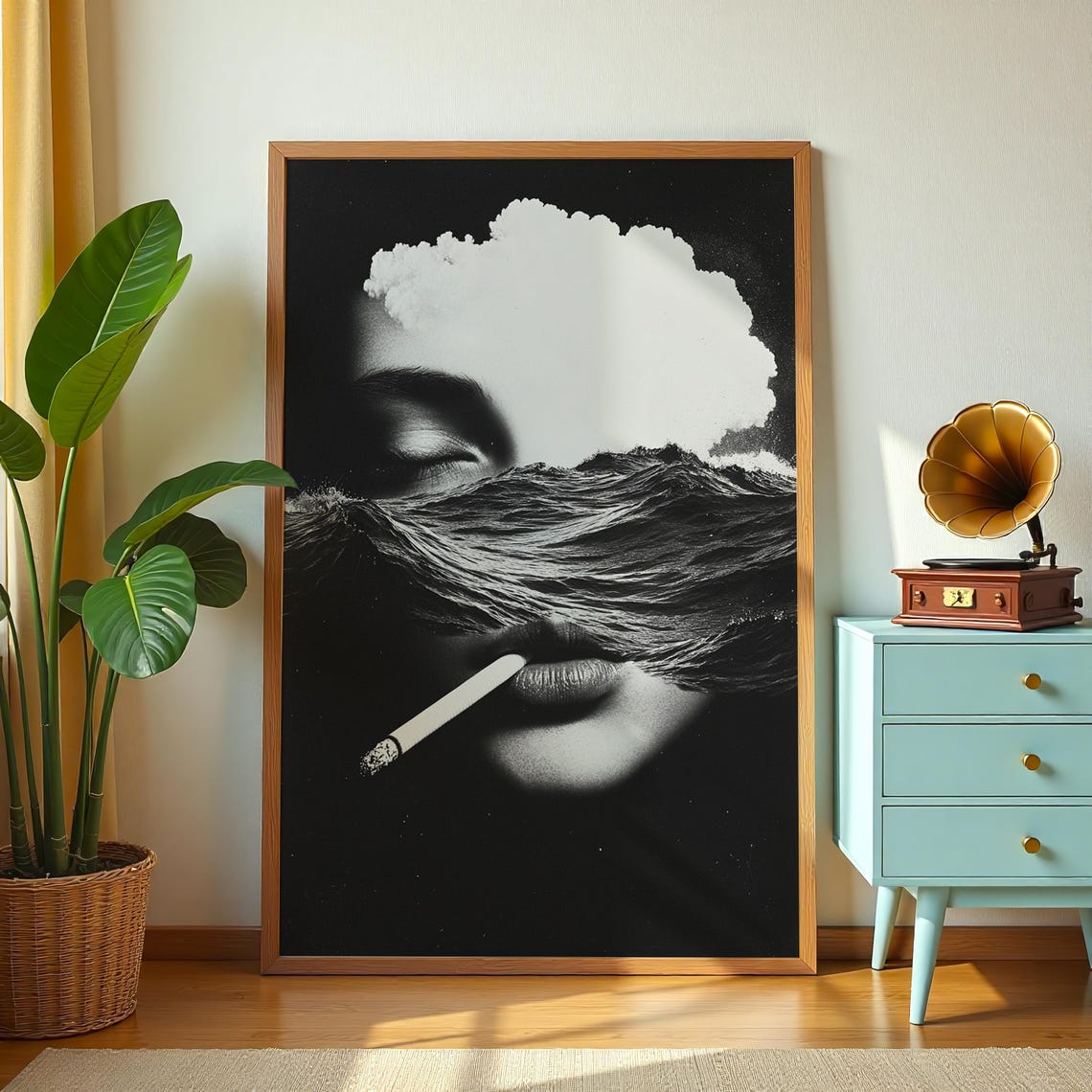 Surreal Ocean Wave Woman Face Black White Abstract Art Poster - Image 2