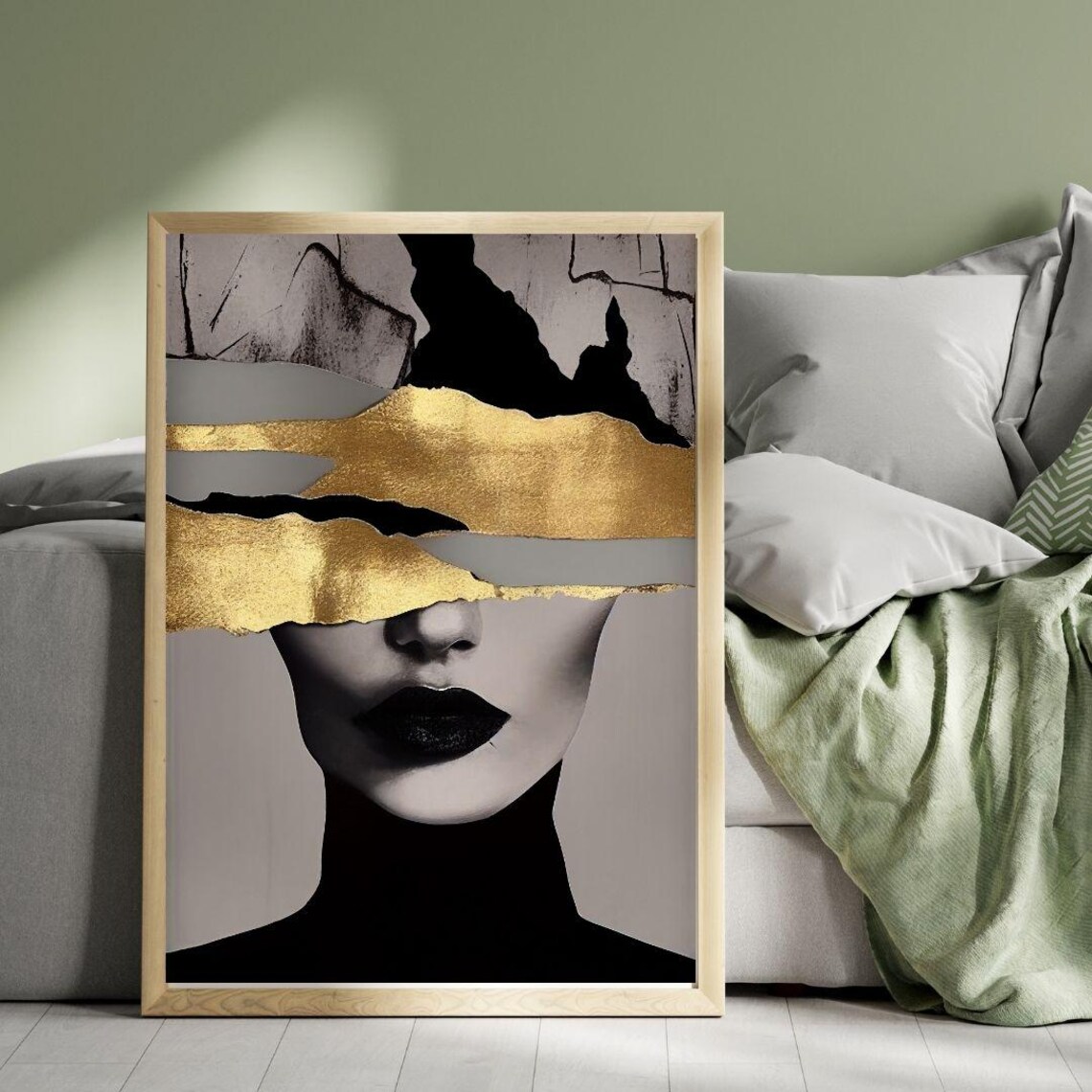 Modern Minimalist Woman Portrait With Gold Foil Bands Luxury Black Gold Poster - Image 3