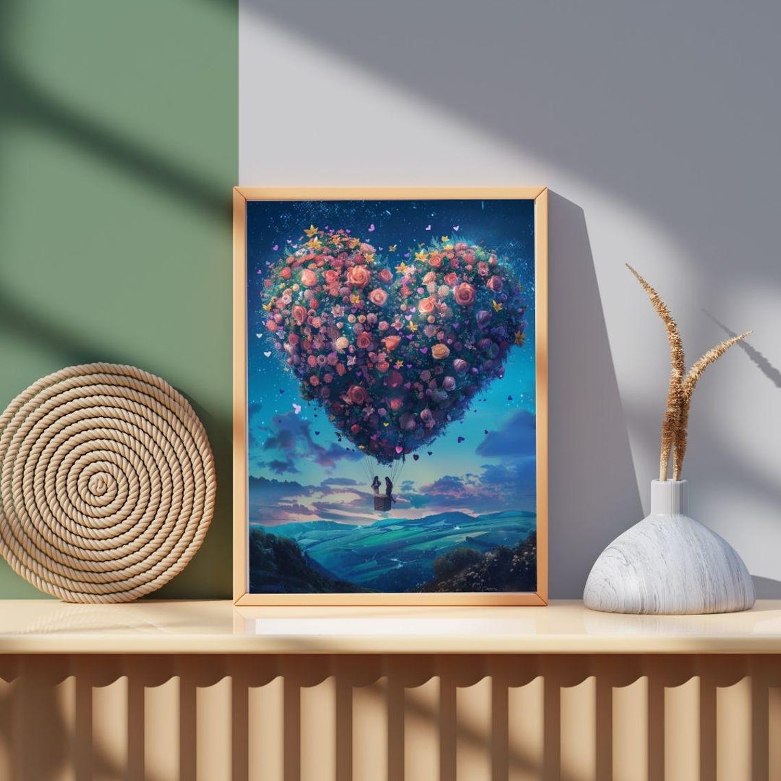 Heart Shaped Rose Hot Air Balloon Over Valley Romantic Gift Poster - Image 3