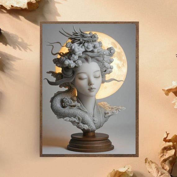 Ethereal Dragon Goddess Art Print Mystical Woman And Moon Sculpture Oriental Fantasy Wall Decor Zen And Serene Home Art