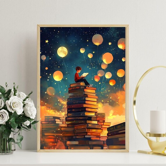 Boy Reading On Book Tower Starry Night Balloon Fantasy Art Poster