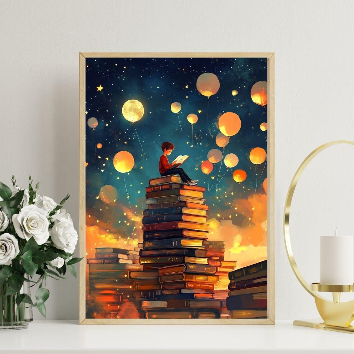 Boy Reading On Book Tower Starry Night Balloon Fantasy Art Poster
