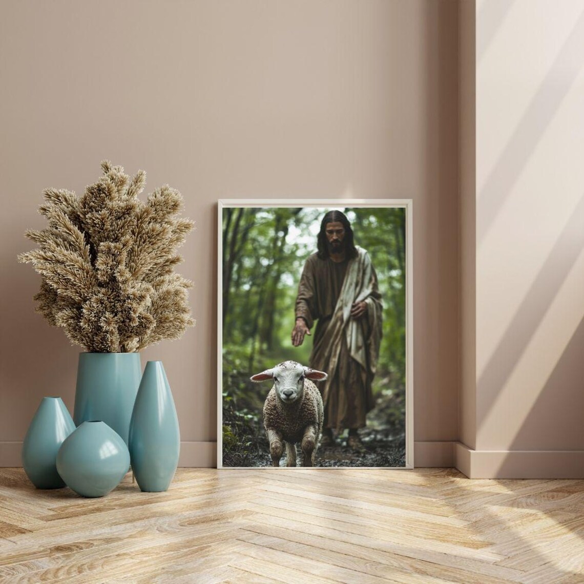 Jesus And Lamb Forest Print Gentle Shepherd Christian Faith Wall Art Poster - Image 3