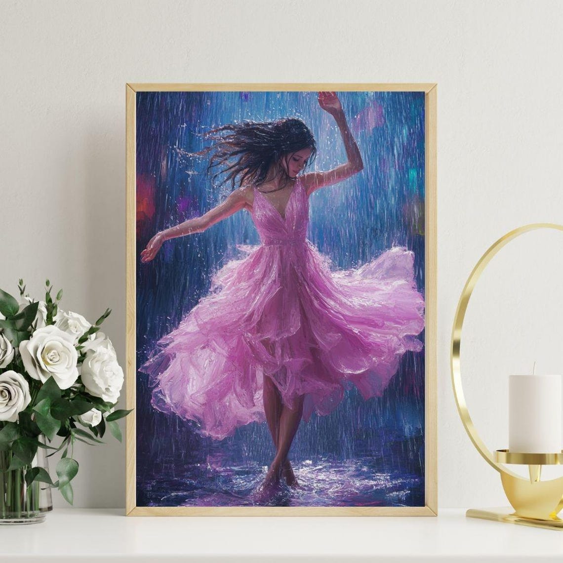 Dancer In Rain Pink Dress Romantic Modern Ballet Painting Poster