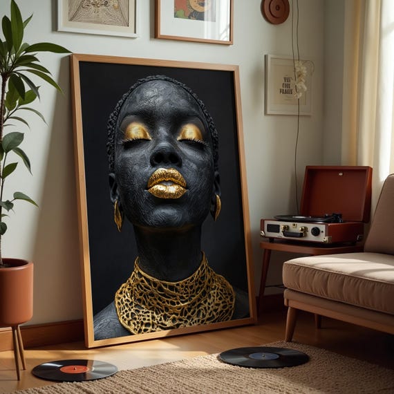 Black And Gold Elegant Woman Print Luxury Textured Portrait Art Afrocentric Beauty Wall Decor Modern Regal Artwork