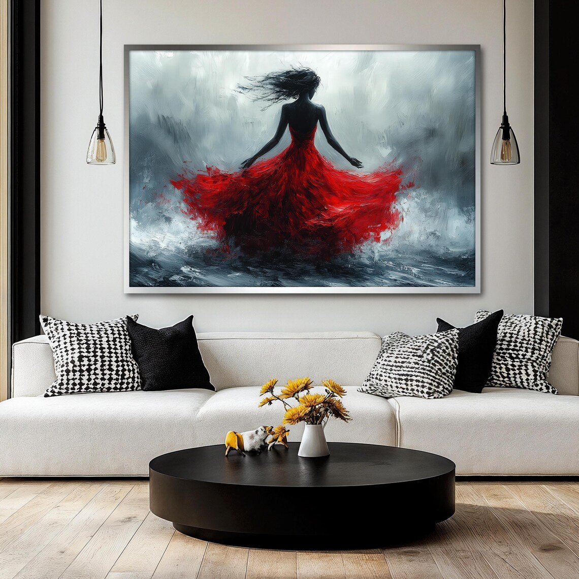 Red Dress Woman Painting, Elegant Modern Artwork - Image 2