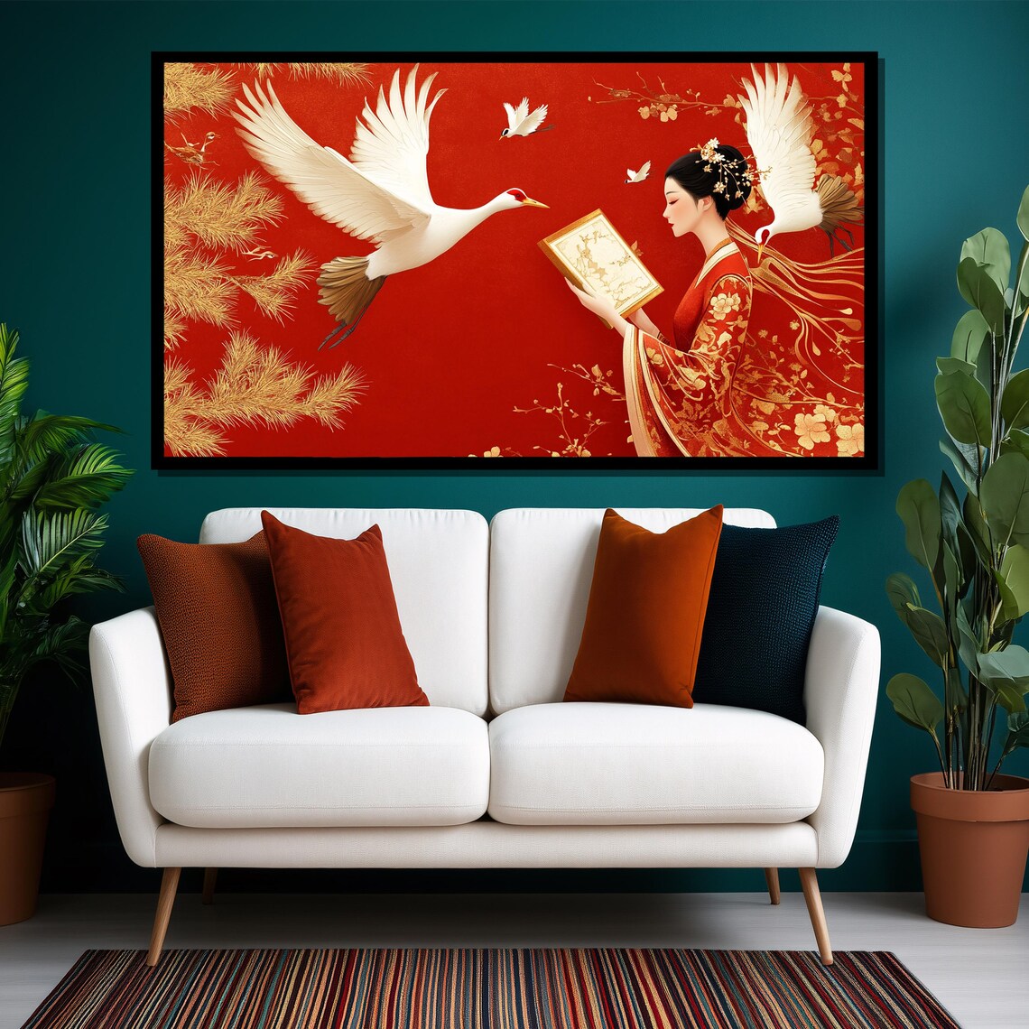 Japanese Woman Painting With Cranes, Traditional Style - Image 2