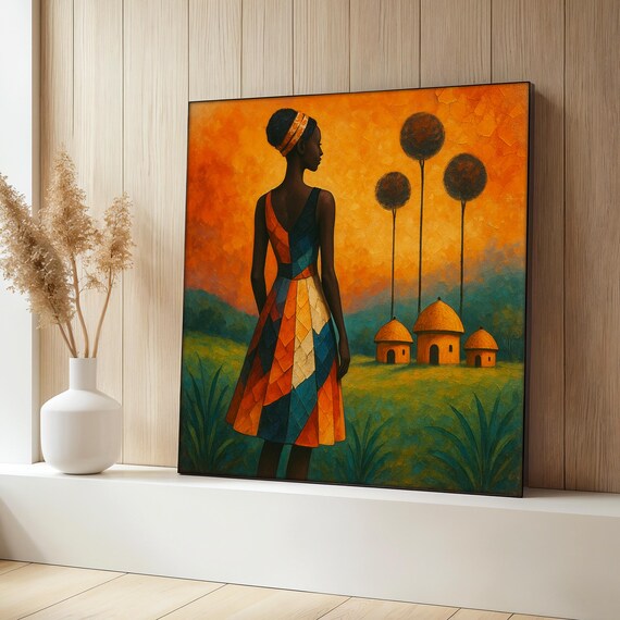 African Woman, Colorful Village Sunset Art Print