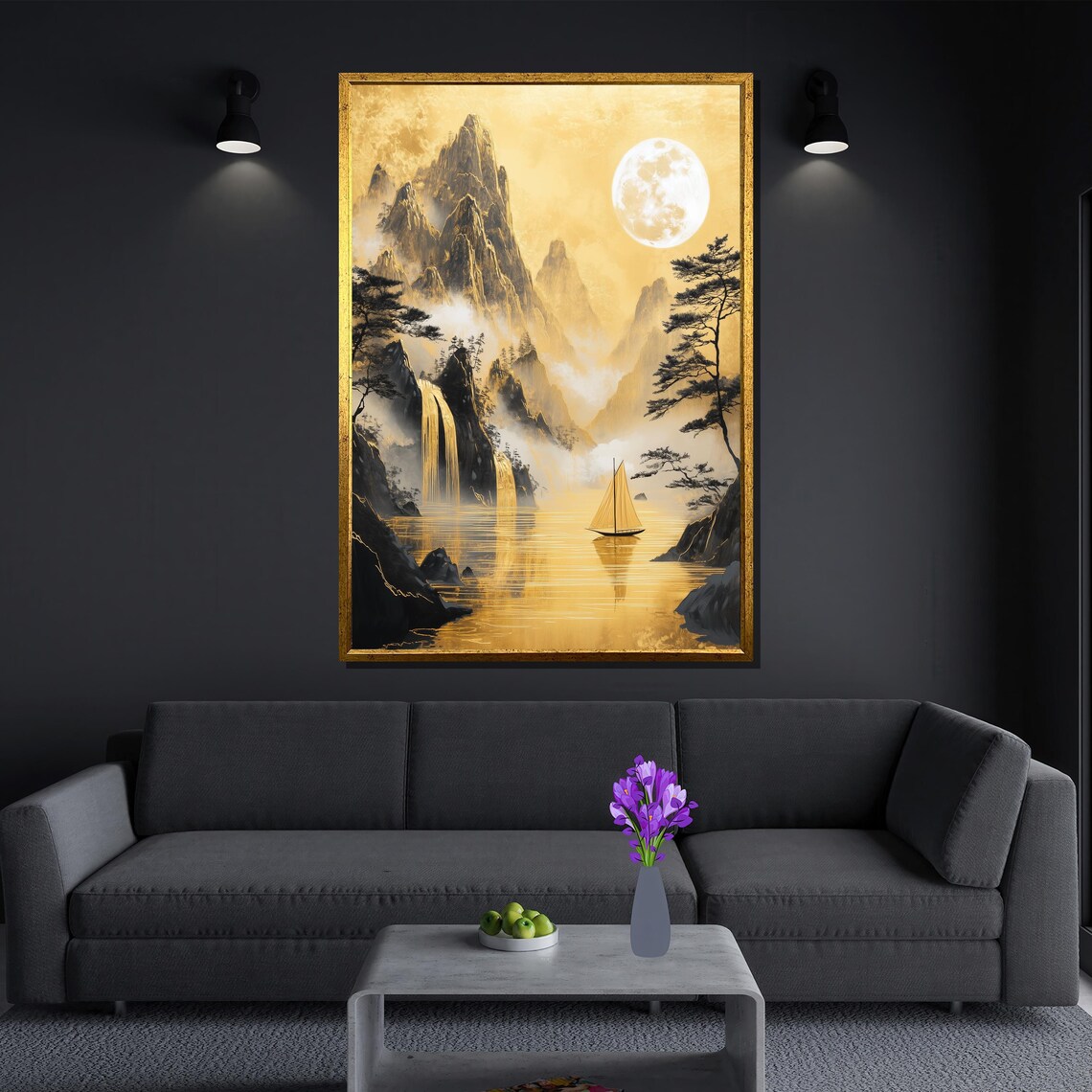 Golden Landscape Painting, Sailboat Full Moon Scene - Image 3